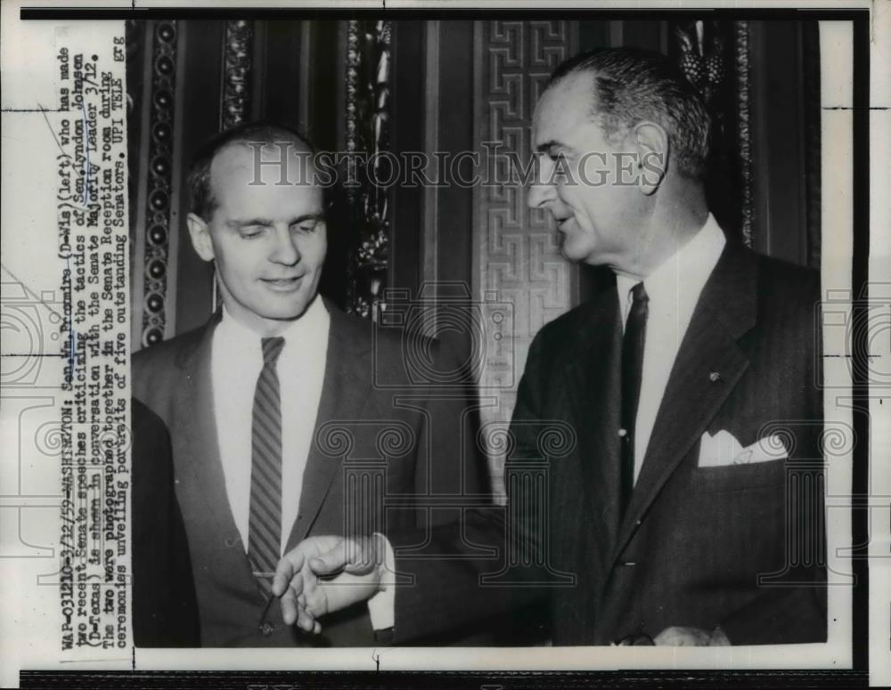 1959 Press Photo Sen.Wm. Proxmire, Sen. Lyndon Johnson in Washington - Historic Images