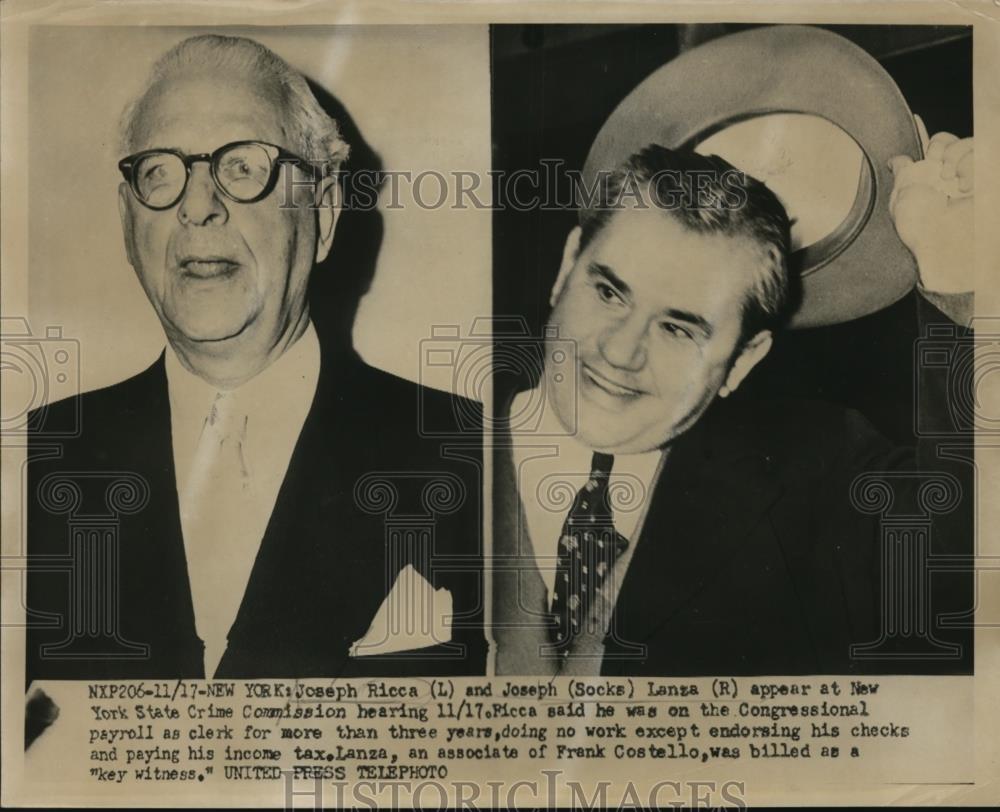 1952 Press Photo Joseph Ricca & Joseph Socks Lanza at State Crime Commission - Historic Images