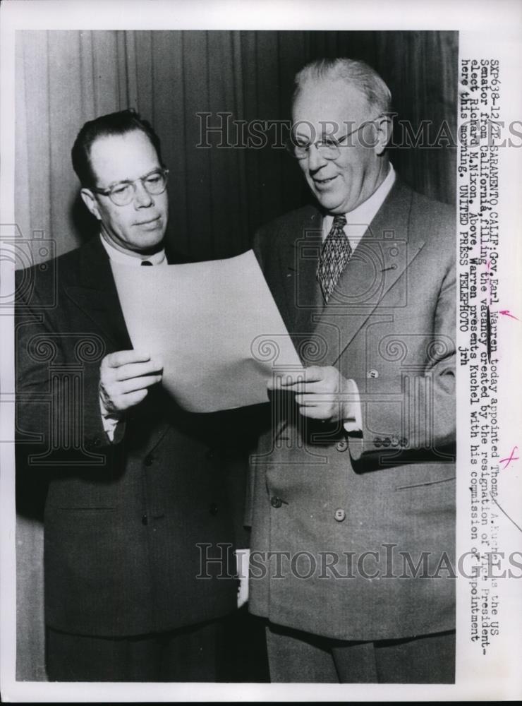 Press Photo Gov Earl Warren(R) appointed Tom Kuchel Senate California - Historic Images