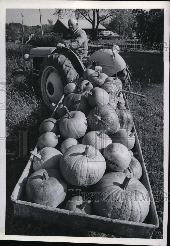 1977 Press Photo Farmer Pulls Wagon Load of Pumpkins on Tractor - Historic Images