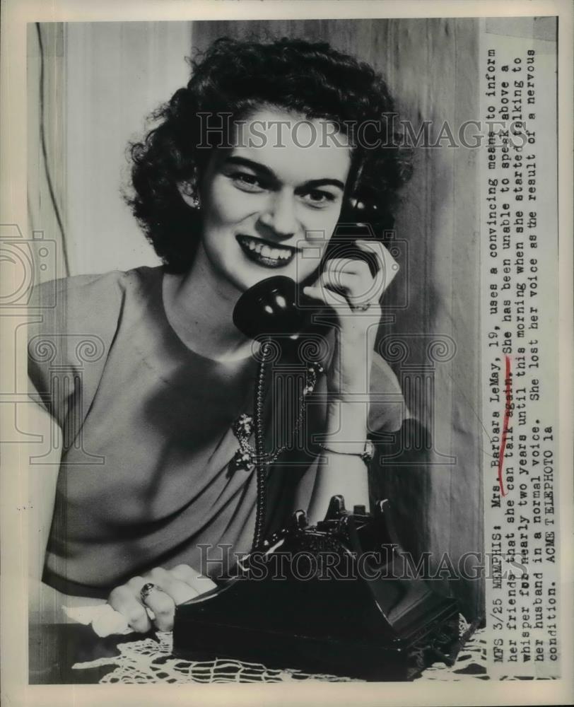 1949 Press Photo Barbara LeMay regains voice after lose it to nervous condition - Historic Images