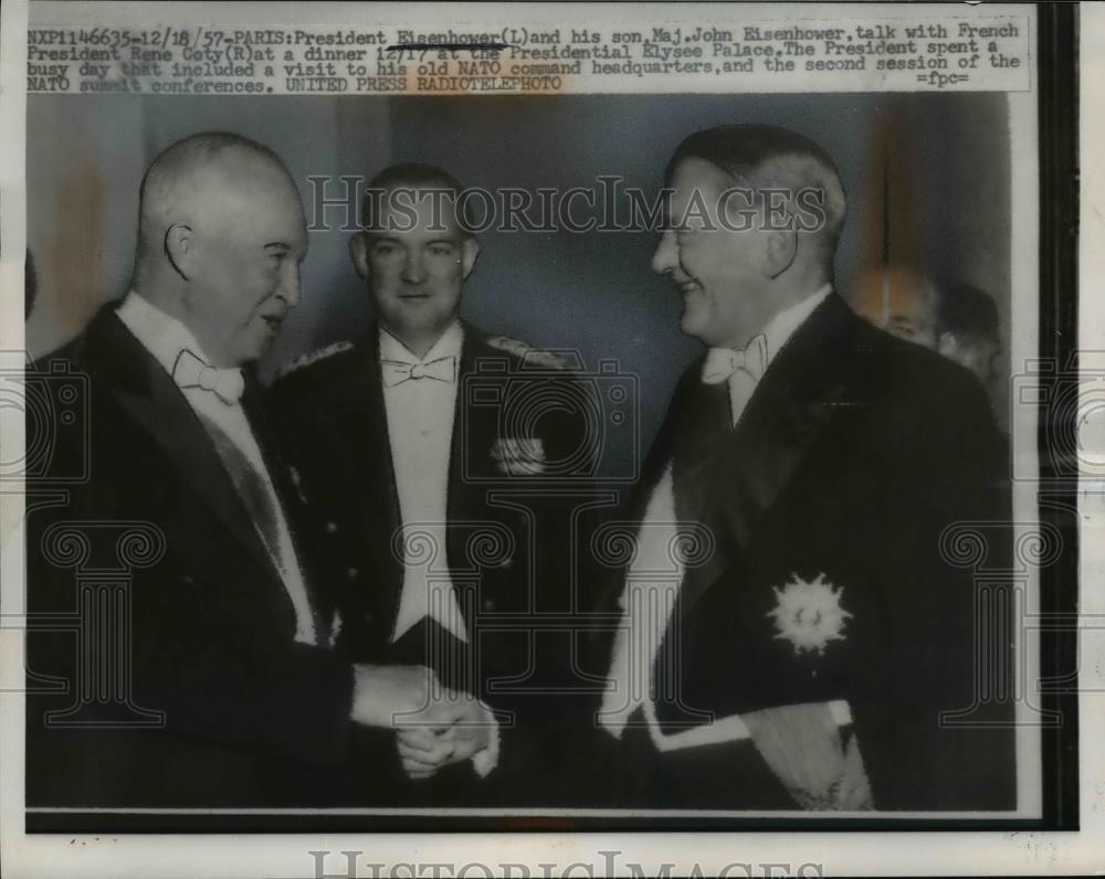 1957 Press Photo President Eisenhower, Maj. John Eisenhow Rene Coty Paris Dinner - Historic Images