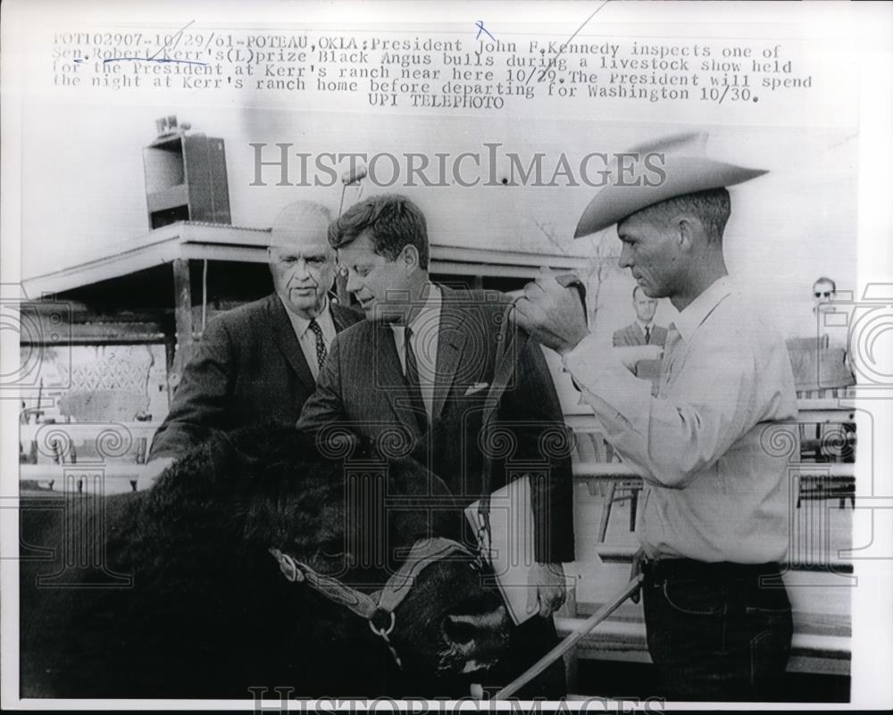 1961 Press Photo Pres. John F. Kennedy, Sen Robert Kerr Prize Black Angus bull - Historic Images