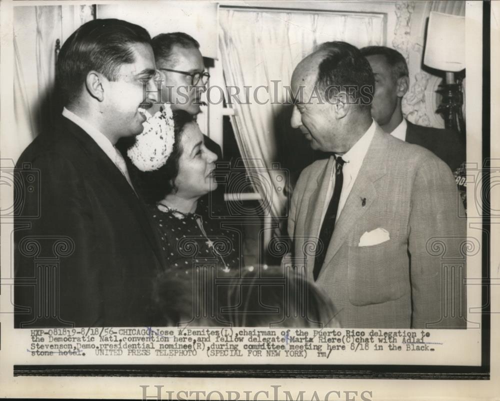 1956 Press Photo Adlai Stevenson greeted Jose A.Benitez ans Martha Riere. - Historic Images