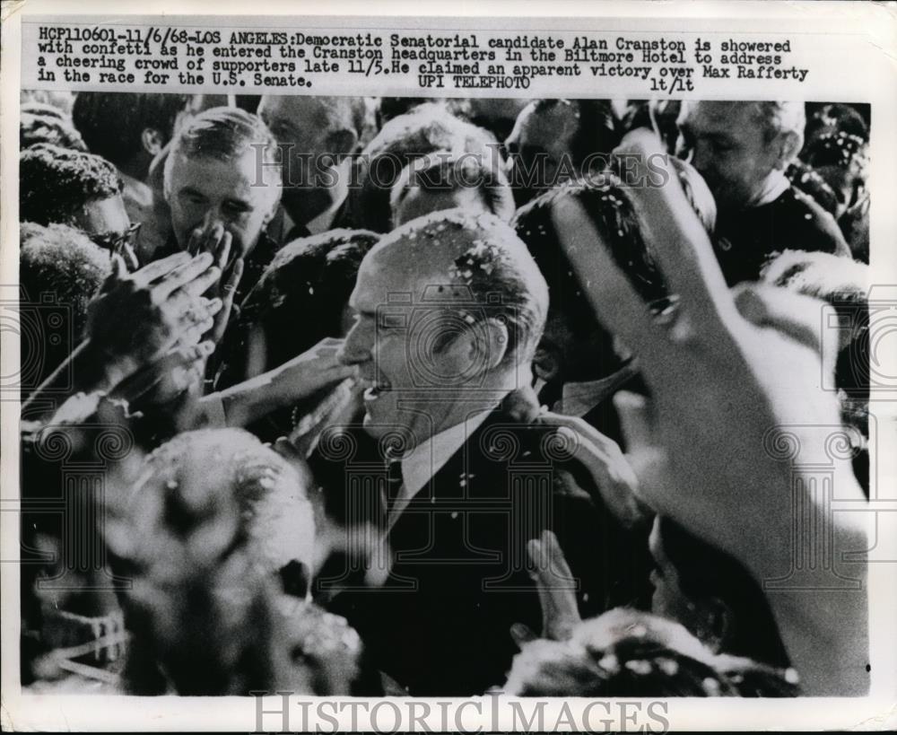 1968 Press Photo Dem Senatorial Candidate Alan Cranston at Biltmore Hotel inL.A. - Historic Images