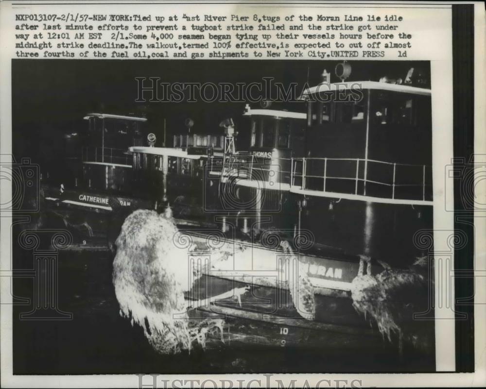 1957 Press Photo New York Tied up at Pier 8 Tugs of Moran line lie idle. - Historic Images