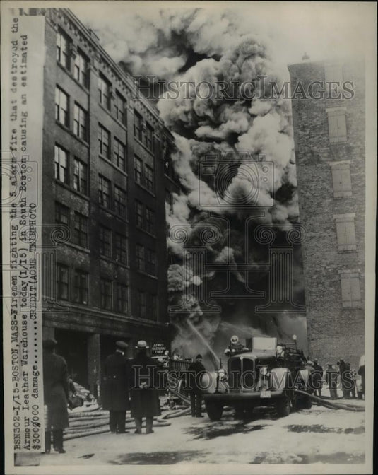 1948 Press Photo 5 Alarm Fire Destroyed Armour Leather Warehouse in Boston - Historic Images