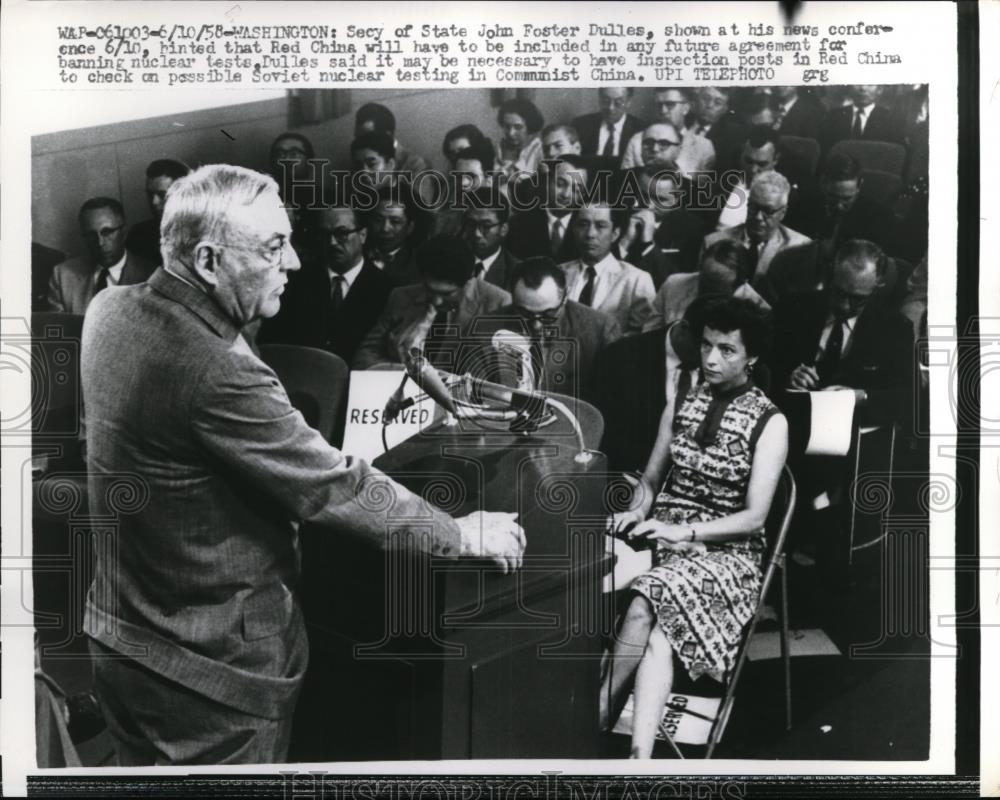 1958 Press Photo Washinton John Foster Dulles at news conference - Historic Images