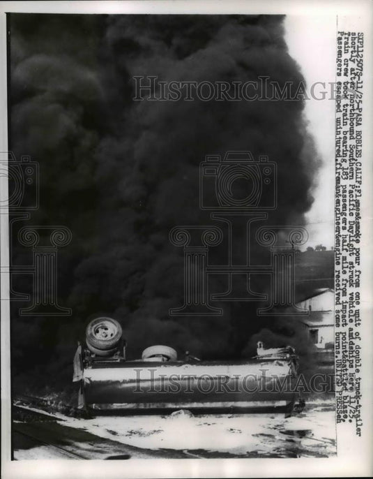 1957 Press Photo Pasa Robles Calif-Double truck trailer hit by train. - Historic Images