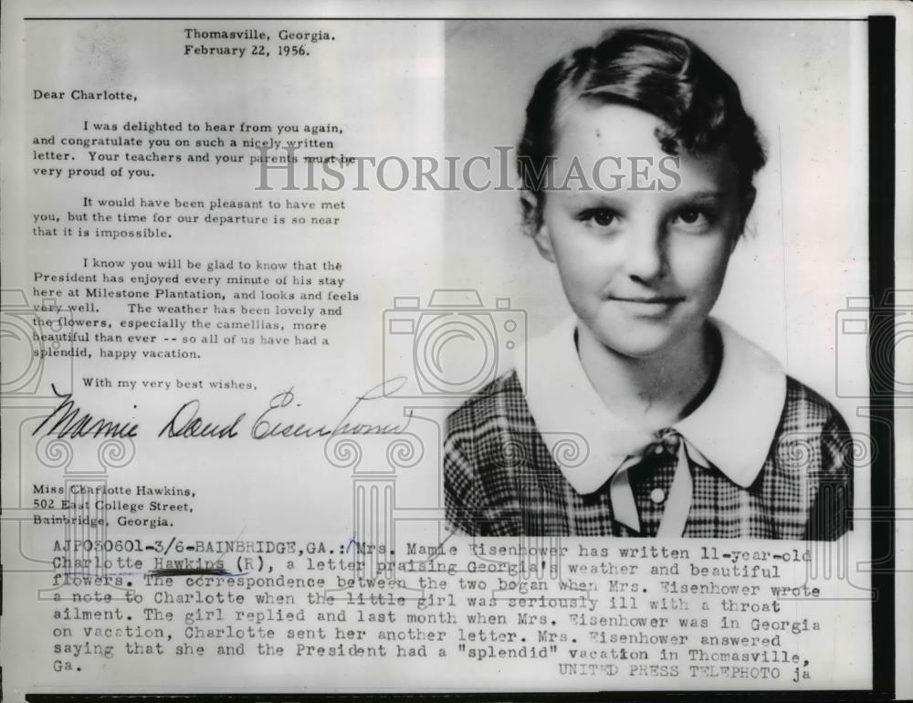 1956 Press Photo Charlotte Hawkins Letter From 1st Lady Eisenhower About Georgia - Historic Images