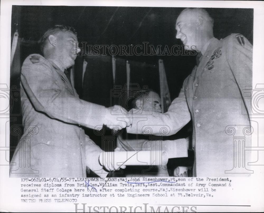 1955 Press Photo Maj. Jon Eisenhower Gets Diploma From Brig. Gen. William Train - Historic Images