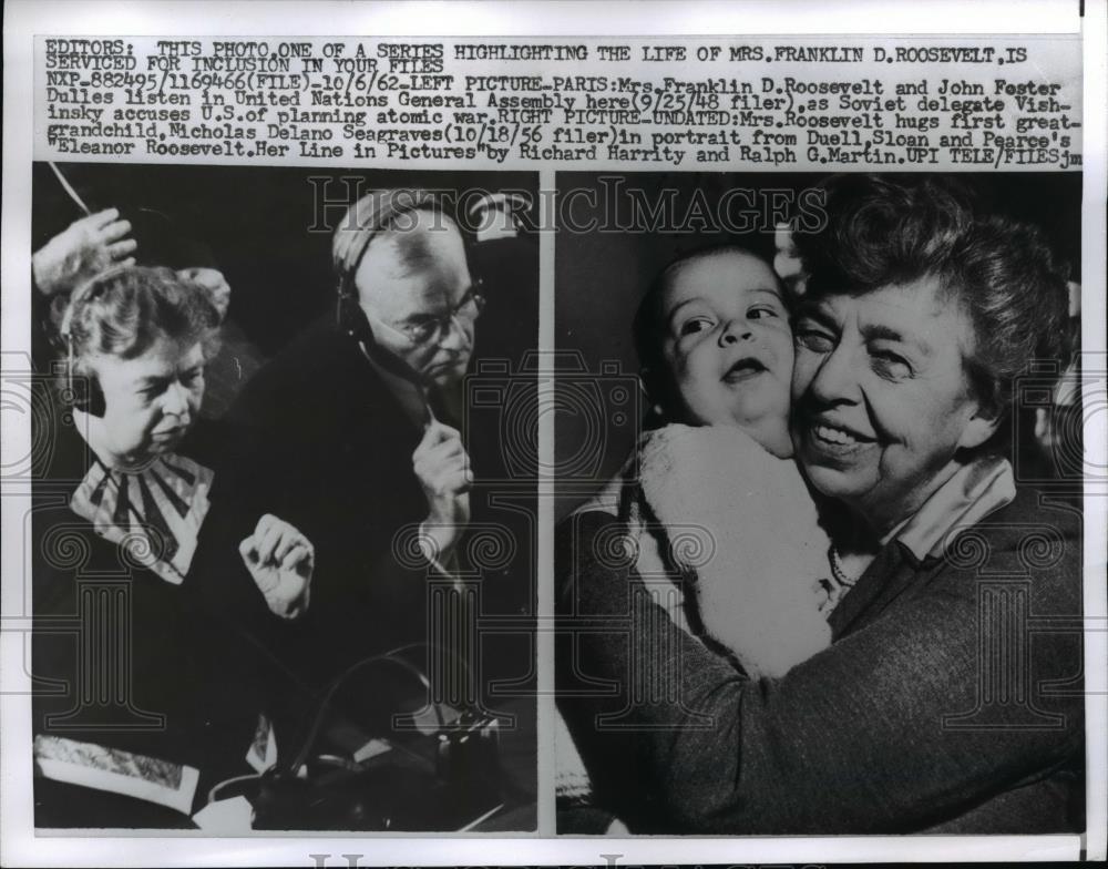 1962 Press Photo Mrs.Franklin Roosevelt, John Foster Dulles and Great Grandchild - Historic Images