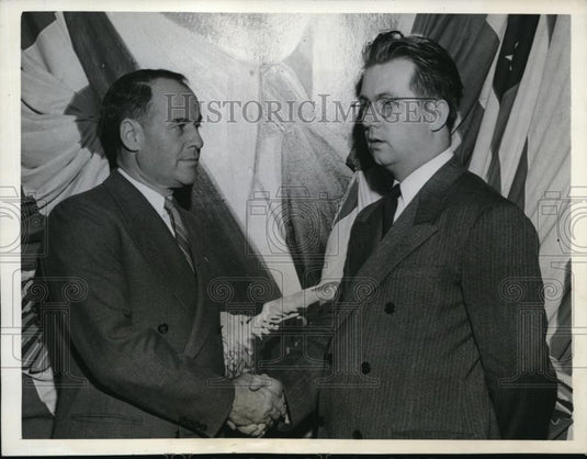 1942 Press Photo Lester H.Loble congratulated as Pres. Fraternal Order of Eagles - Historic Images