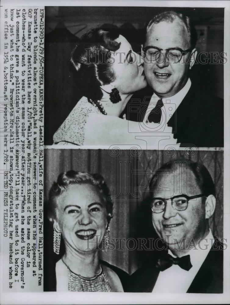 1956 Press Photo Topeka Kansas, Leadell Hall Fred Hall Congratulating Husband - Historic Images