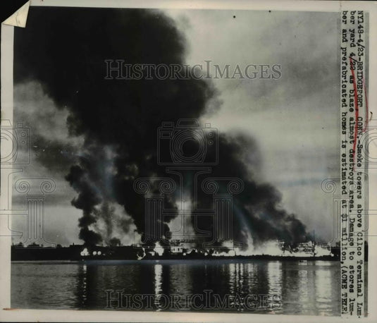 1948 Press Photo Smoke tower above Cilco Terminal Lumber Yard at Bridgeport Conn - Historic Images