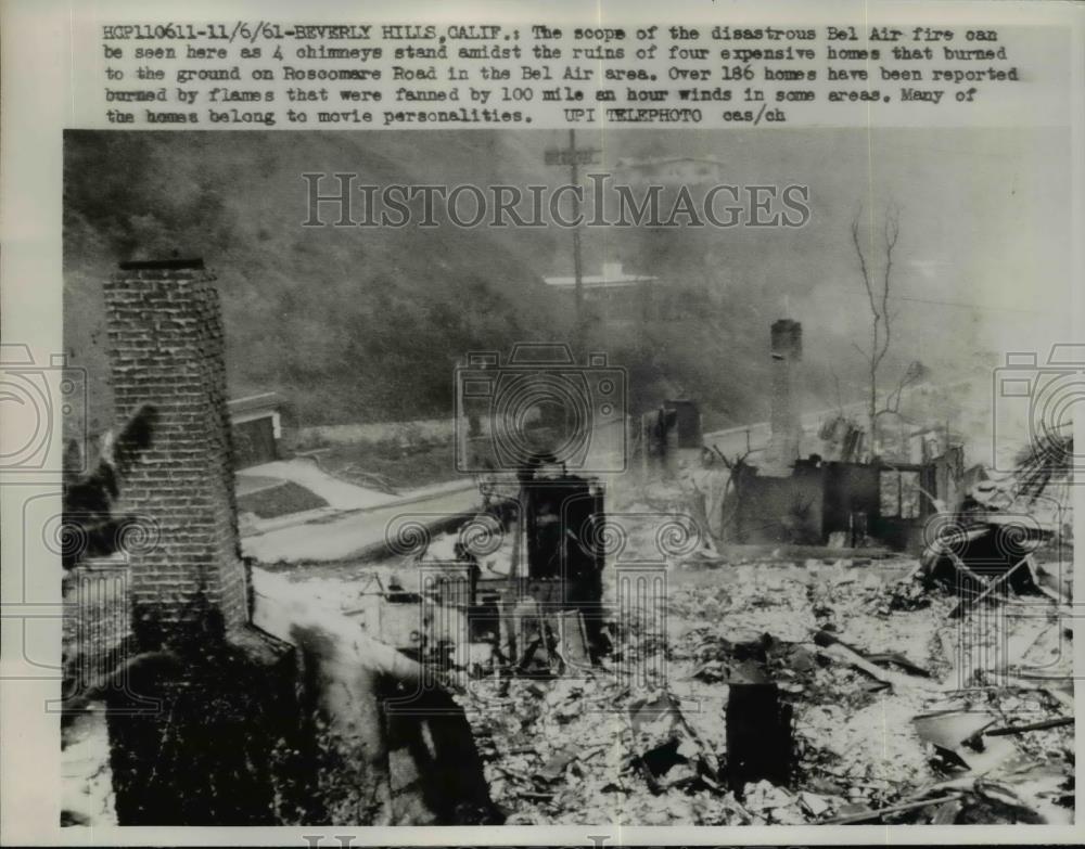 1961 Press Photo Forest Fire destroyed exlusive Bel Air Area Homes in Calif. - Historic Images