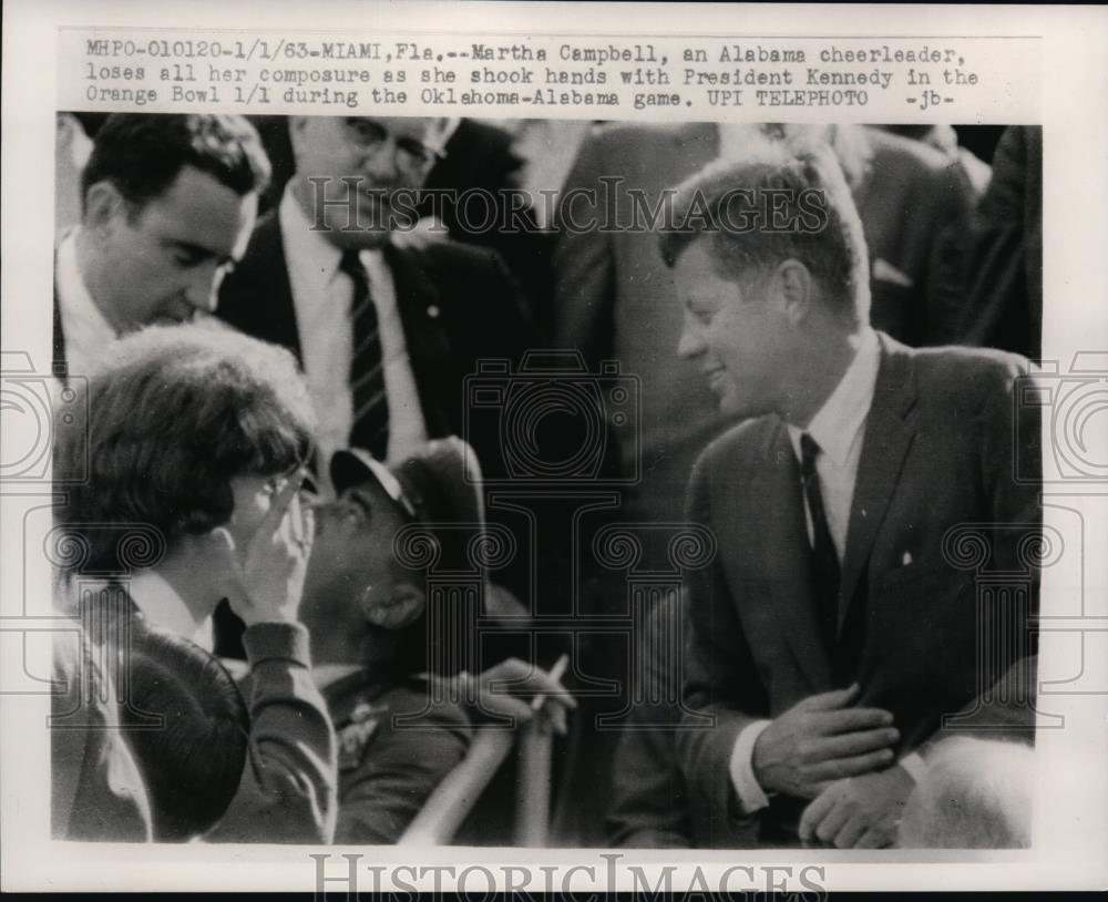 1963 Press Photo President John F. Kennedy Meets Alabama Cheerleader, Miami - Historic Images