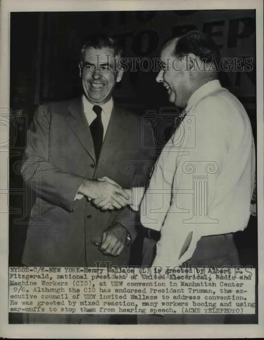 1948 Press Photo Henry Wallace & Albert Fitzgerald UEW at NYC convention - Historic Images