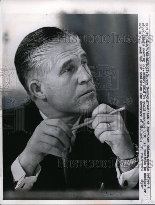 1962 Press Photo Michigan Governor George W. Romney at American Motors Meeting - Historic Images