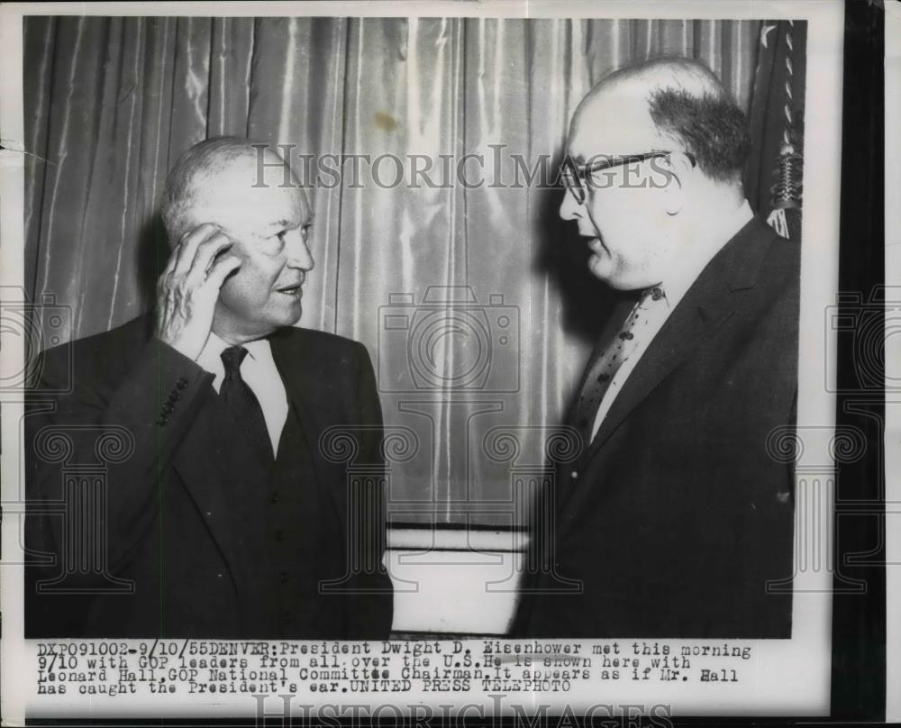 1955 Press Photo Pres. Dwight Eisenhower with Leonard Hall, GOP Natl. Chairman - Historic Images