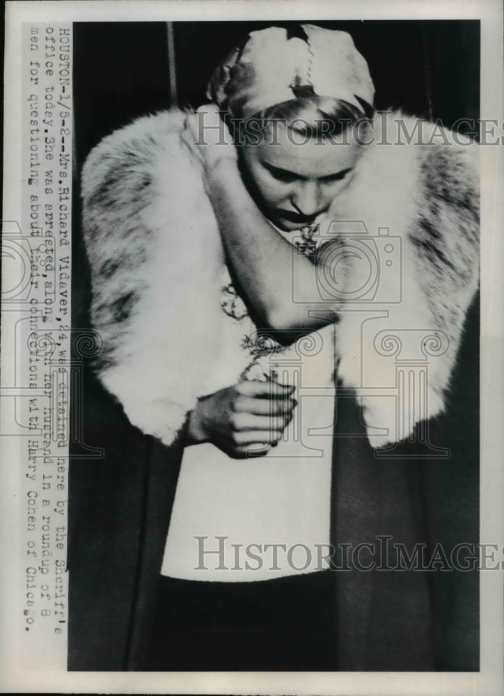 1951 Press Photo Mrs Richard Vidaver arrested for questioning about Harry Cohen - Historic Images