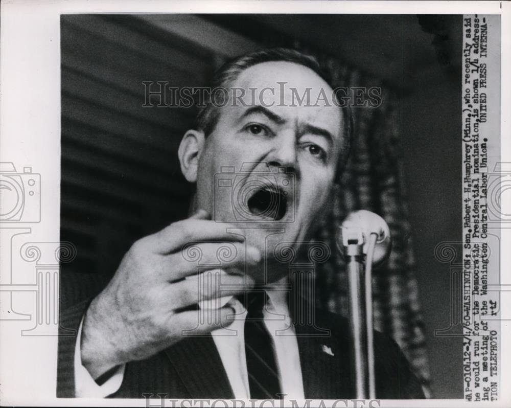 1960 Press Photo Sen. Hubert Humphrey addressing a meeting of Wash. Labor Union - Historic Images