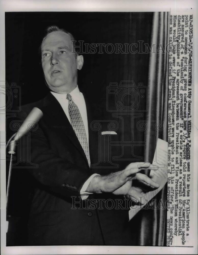 1958 Press Photo Atty Gen. William P. Rogers Press Conference Washington, DC - Historic Images