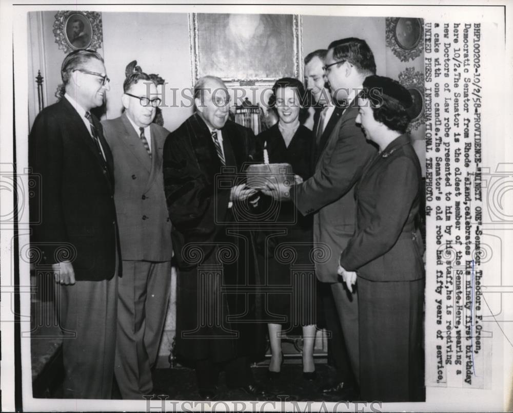 1958 Press Photo Sen Thedore F. Green Celebrates 91st Birthday - nee73307 - Historic Images