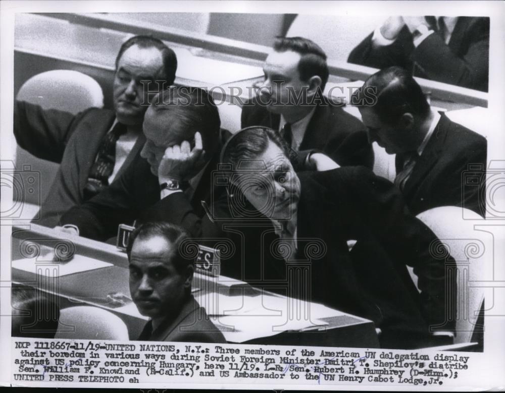 1956 Press Photo Members of the American UN delegation display their boredom - Historic Images