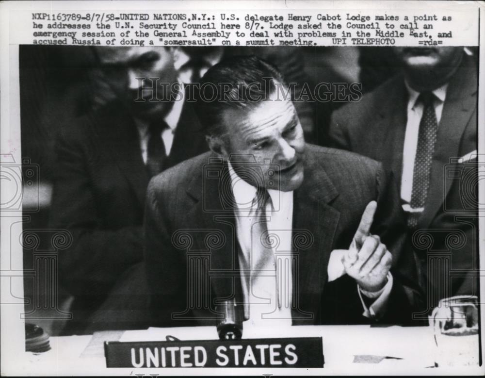 1958 Press Photo Henry Cabot Lodge address the U.N. Security Council. - Historic Images