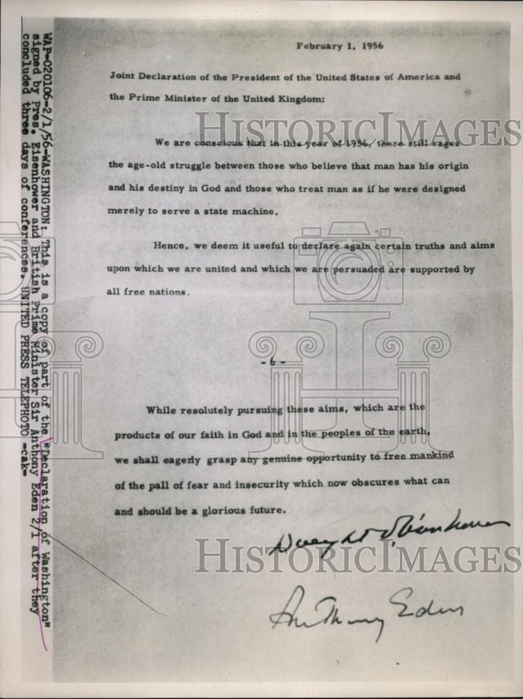 1956 Press Photo Part of Copy of the Declaration of Washington Signed by Eisenho - Historic Images