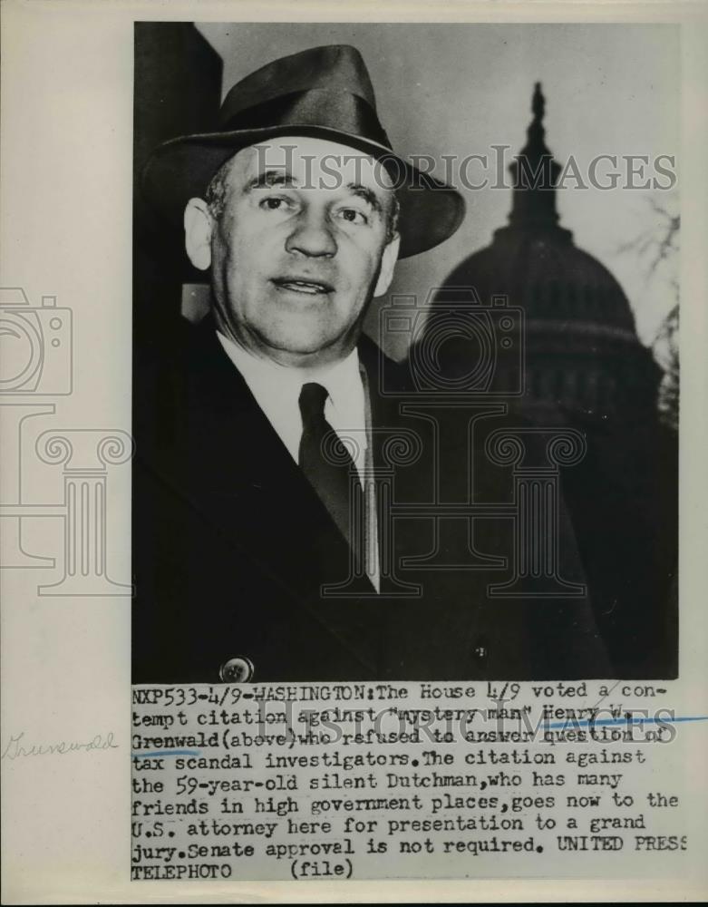 1952 Press Photo The House voted a contempt citation against Henry Grunewald, - Historic Images