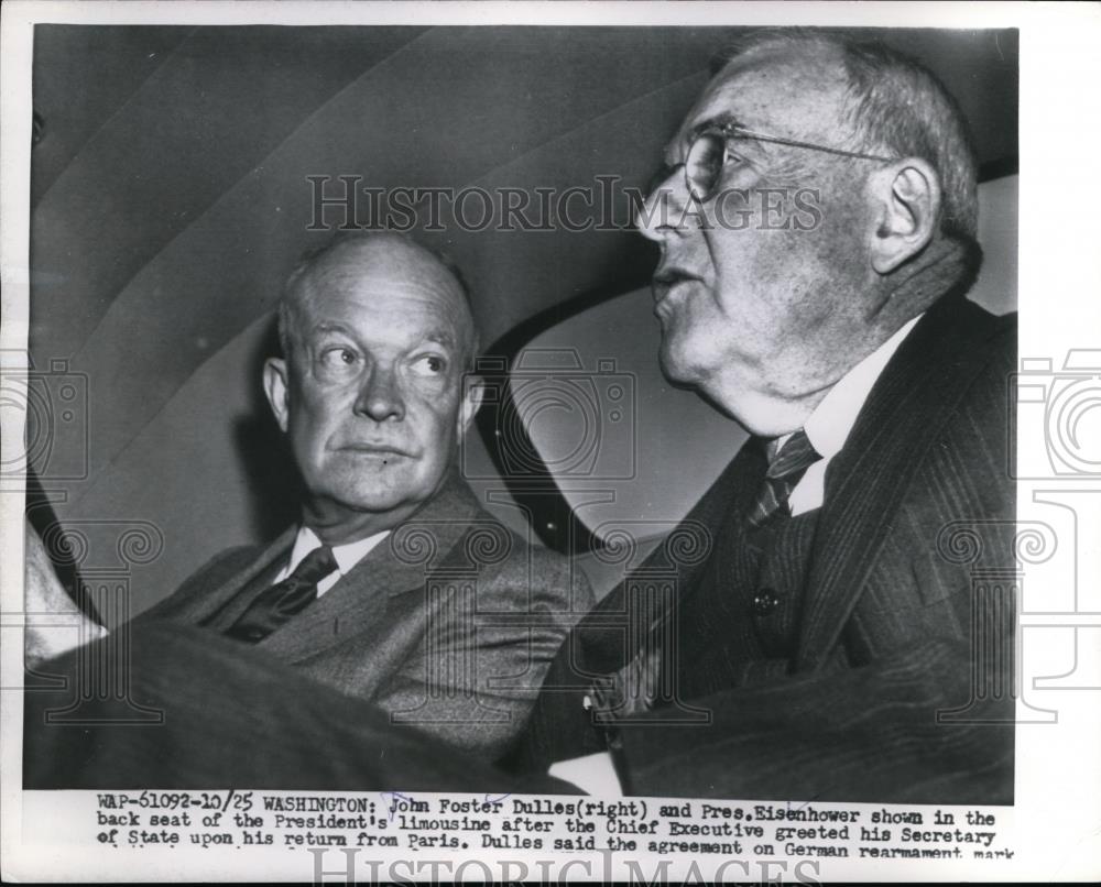 Press Photo John Foster Dulles, Pres. Eisenhower in Presidents limousine - Historic Images