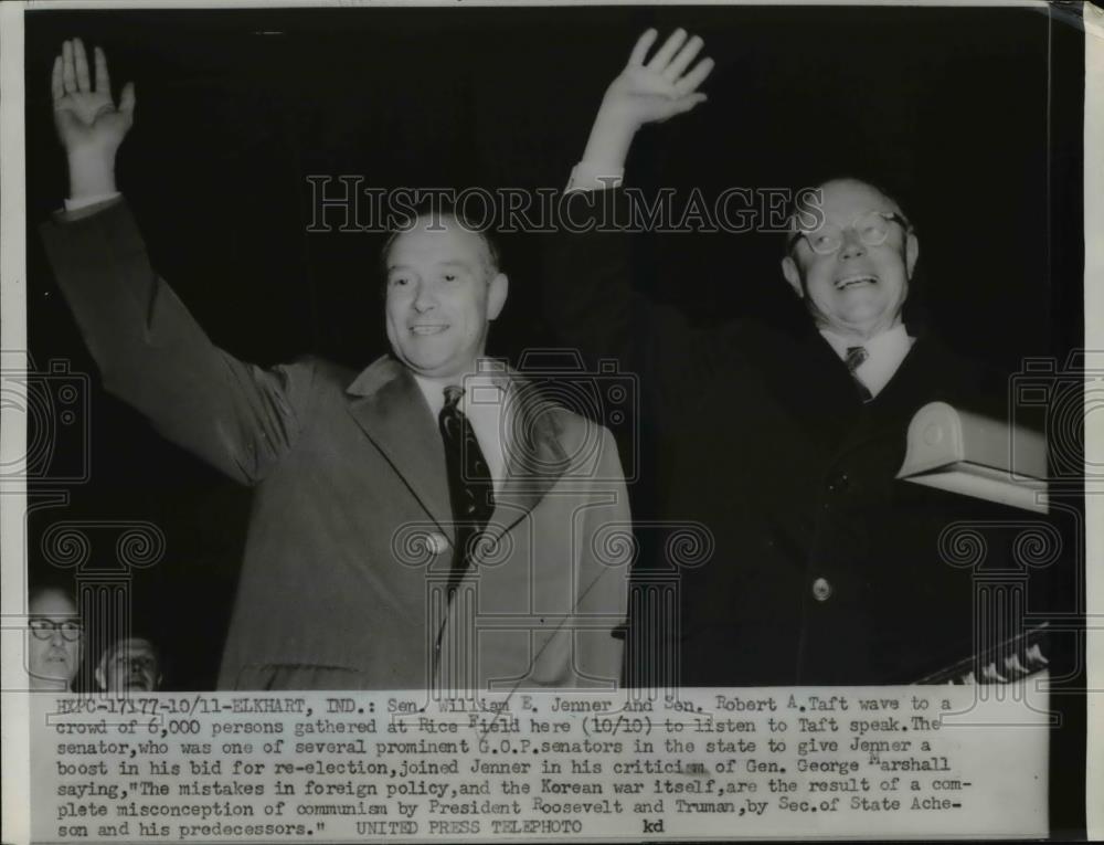 1952 Press Photo Sen. William E. Jenner, Sen. Robert A. Taft at Rice Field - Historic Images