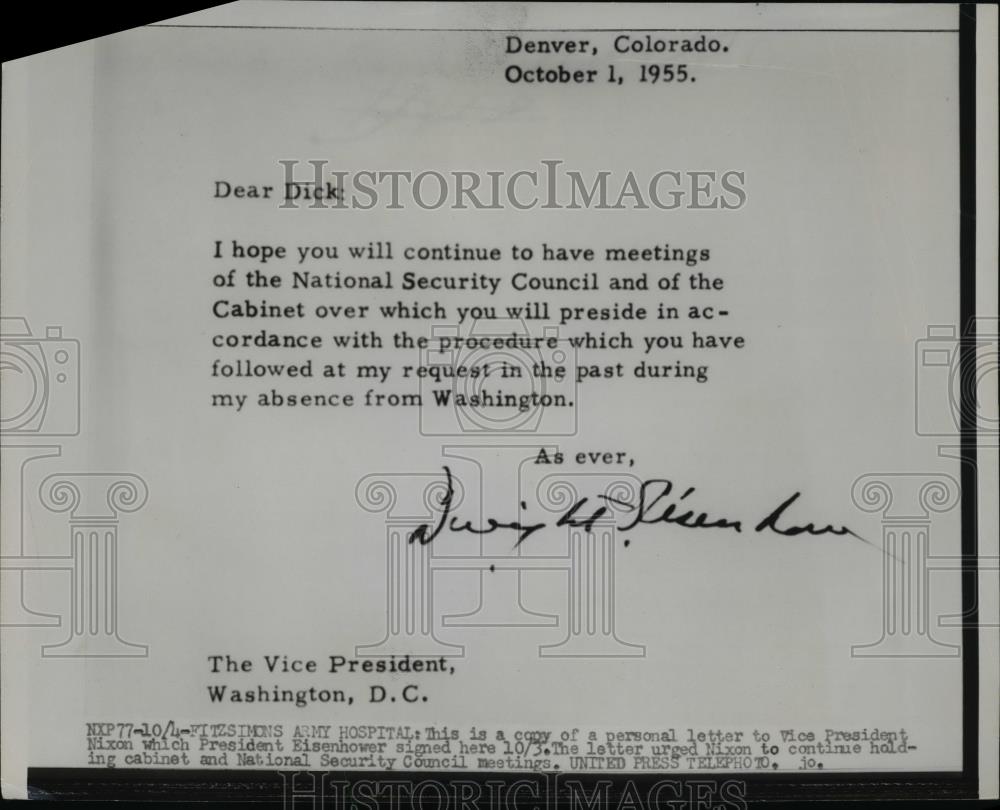 1955 Press Photo Letter to Vice Pres. Nixon where President Eisenhower signed. - Historic Images