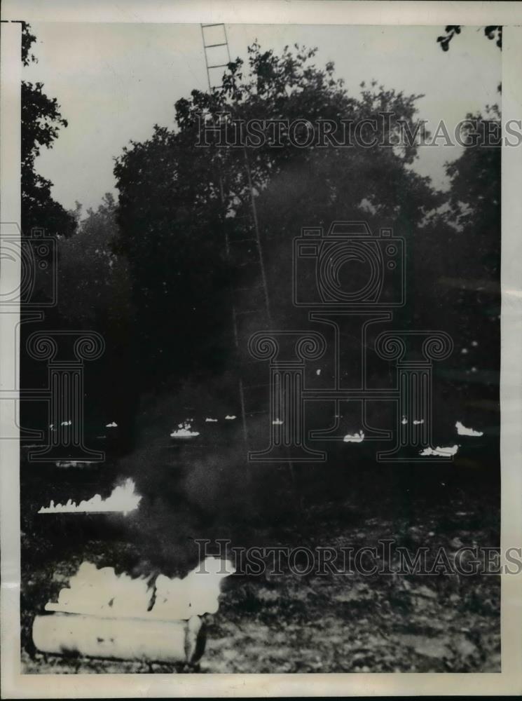 1947 Press Photo Fire Burning to Keep Florida Fruit from Freezing Lakeland FL - Historic Images