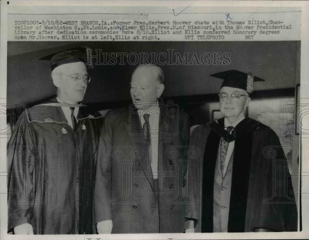 1962 Press Photo Pres Herbert Hoover, Thomas Elliott, Elmer Ellis - Historic Images