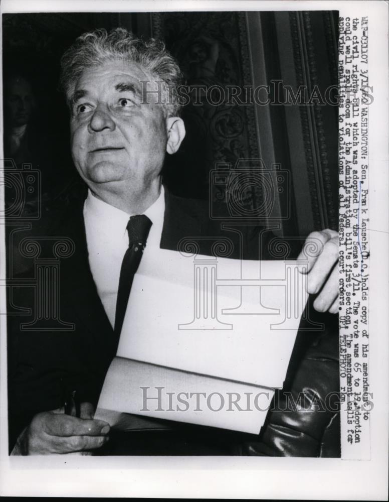 1960 Press Photo sen. Frank K.Lausche with copy of memorandum to civil rights. - Historic Images