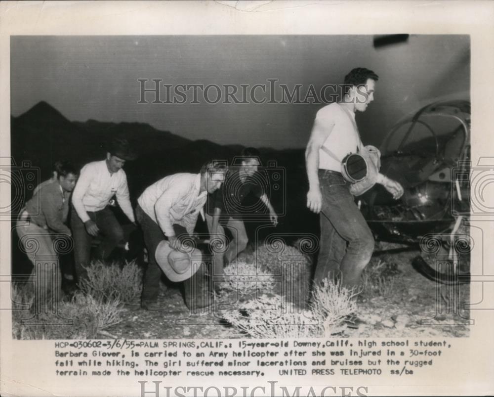 1955 Press Photo Barbara Glover Age 15 Carried Away by Army Helicopter - Historic Images