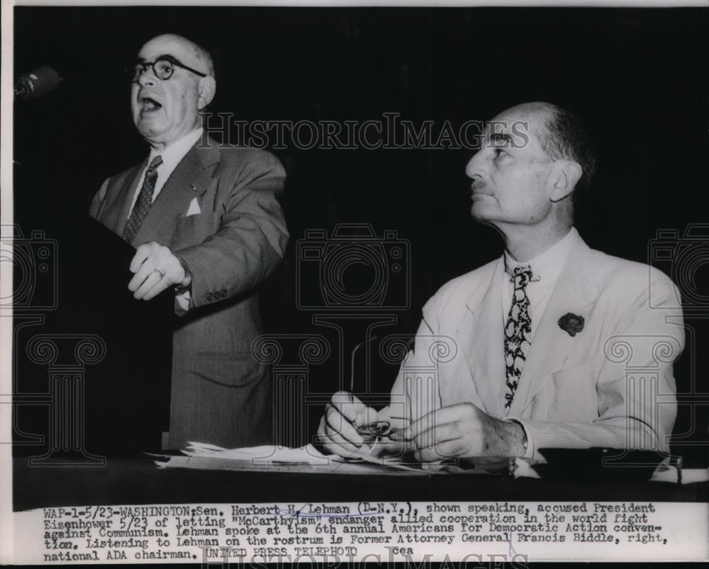 1953 Press Photo Herbert H Lehman D-NY speaking to Pres Eisenhower about - Historic Images