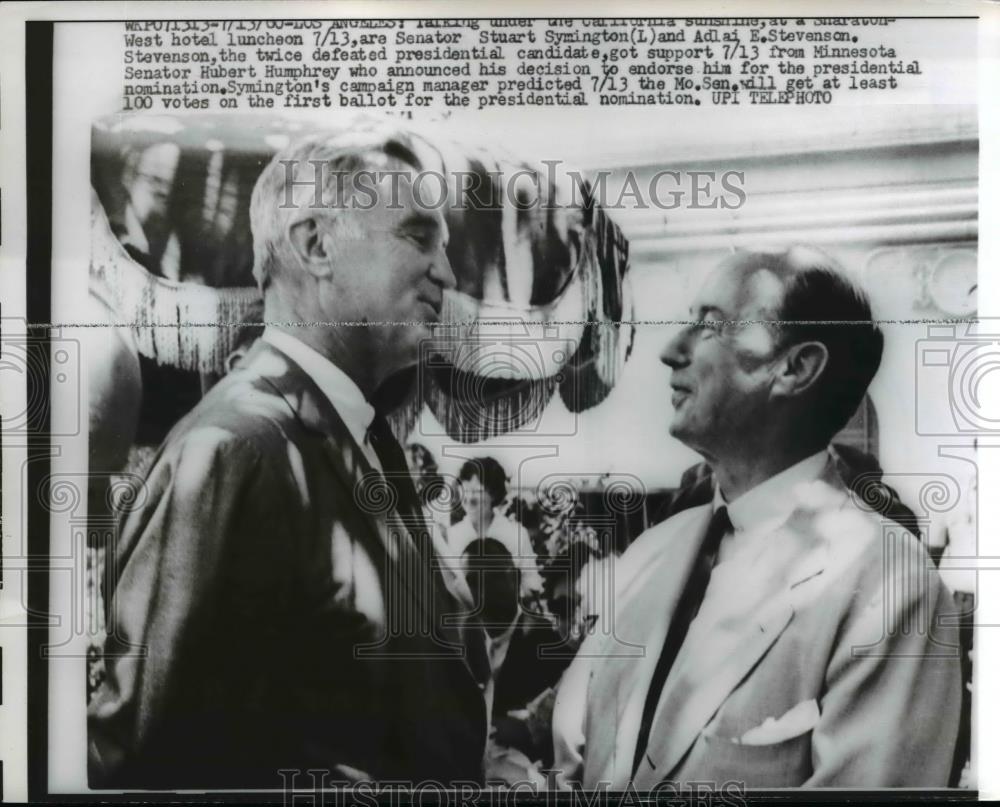 1960 Press Photo Senator Stuart Symington and Adlai E Stevenson at HotelLuncheon - Historic Images