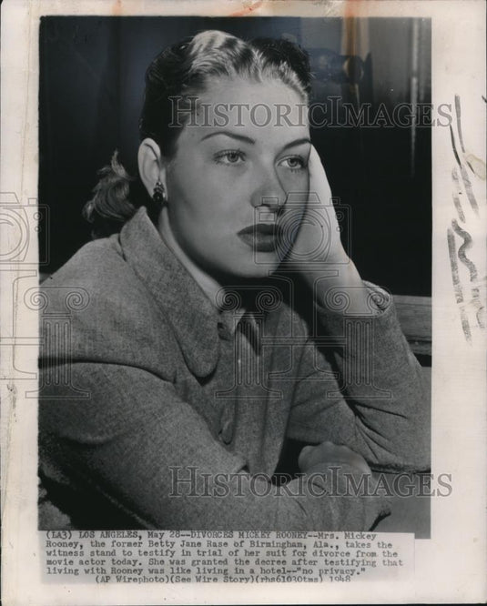 1948 Wire Photo Mrs. Mickey Rooney as she testifies in her divorce suit - Historic Images