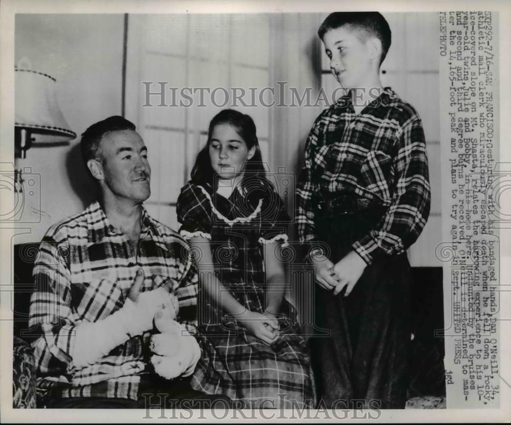 1949 Press Photo Dan O;Neill after he escaped death on Mt Shasta climbing fall - Historic Images