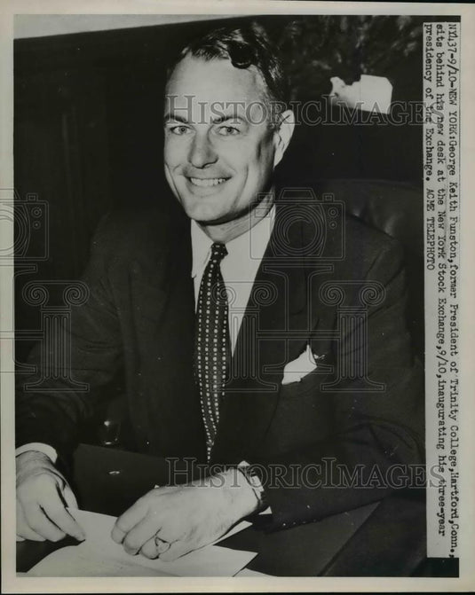 1951 Press Photo George Keith Funston ex president of Trinity College at NYSE - Historic Images