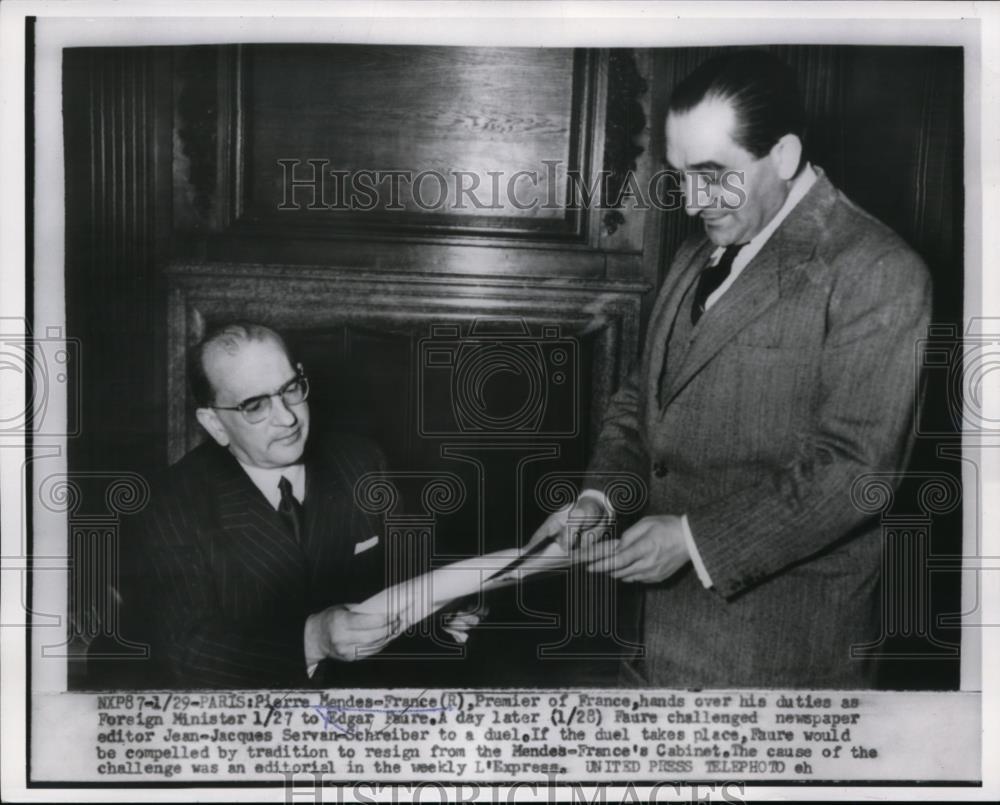 1955 Press Photo French Premier Pierre Mendes-France &amp; Edgar Faure in Paris - Historic Images