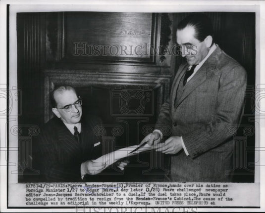 1955 Press Photo French Premier Pierre Mendes-France & Edgar Faure in Paris - Historic Images