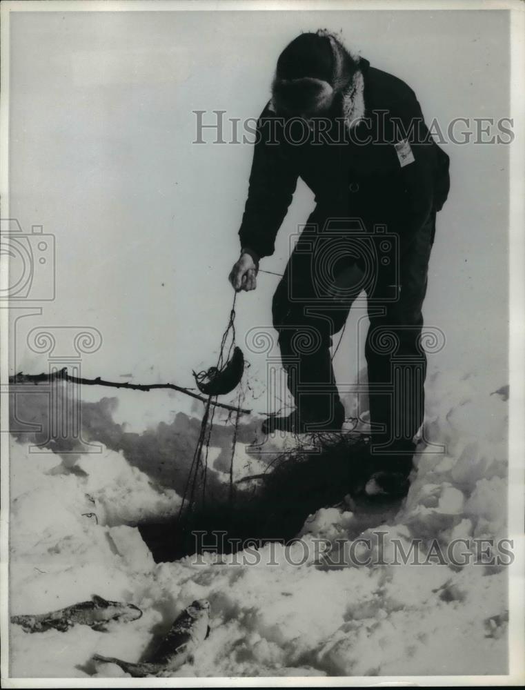 1974 Press Photo Ice fisherman on lake near Helsinki Finland pulls up his catch - Historic Images