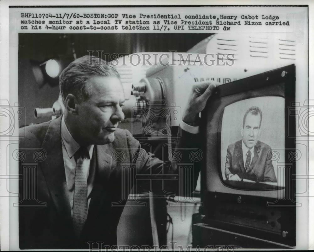 1960 Press Photo Henry Cabot Lodge watching Pres.Nixon at local TV Station. - Historic Images