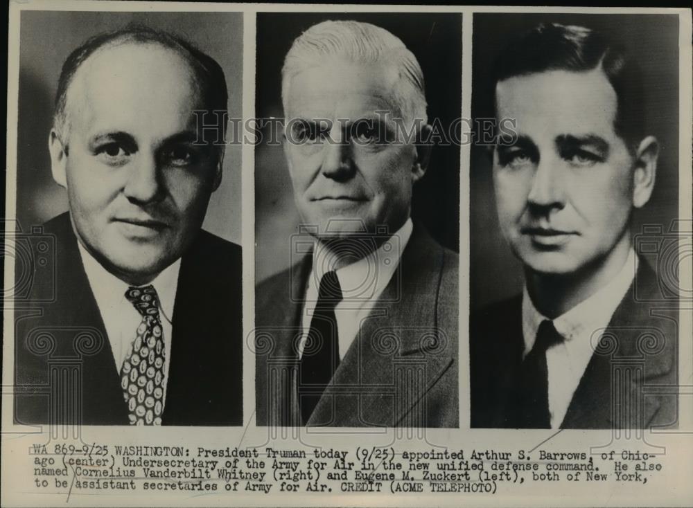 1947 Press Photo Arthur S.Barrows, Cornelius Vanderbilt Whitney, Eugene Zuckert. - Historic Images