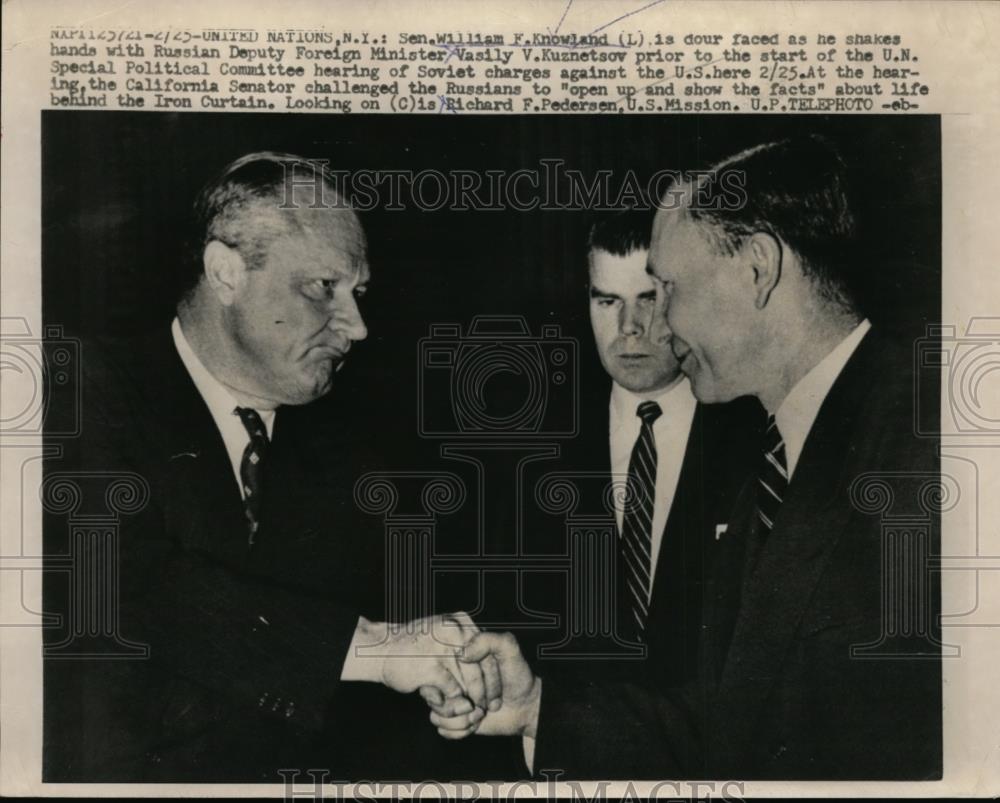 1957 Press Photo Senator William Knowland, Russian Cassily Kuznetsov - nee86410 - Historic Images